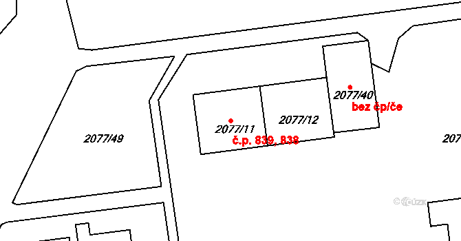 Třemošná 838,839 na parcele st. 2077/11 v KÚ Třemošná, Katastrální mapa