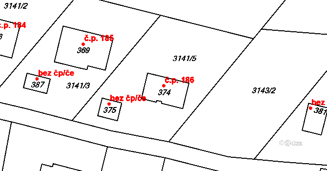 Dlouhá Ves 186, Rychnov nad Kněžnou na parcele st. 374 v KÚ Dlouhá Ves u Rychnova nad Kněžnou, Katastrální mapa