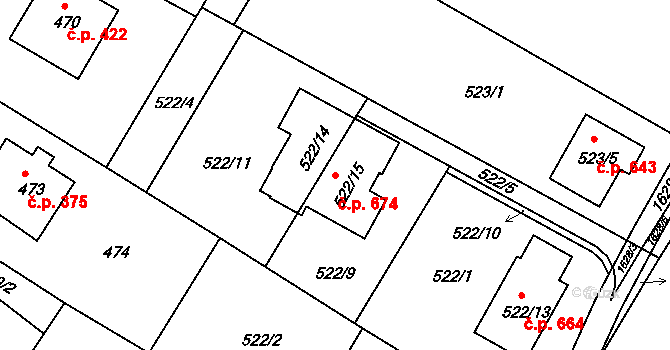 Štípa 674, Zlín na parcele st. 522/15 v KÚ Štípa, Katastrální mapa