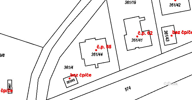 Zaječice 65, Vrskmaň na parcele st. 361/44 v KÚ Vrskmaň, Katastrální mapa