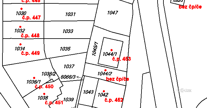Jihlava 453 na parcele st. 1044/1 v KÚ Jihlava, Katastrální mapa