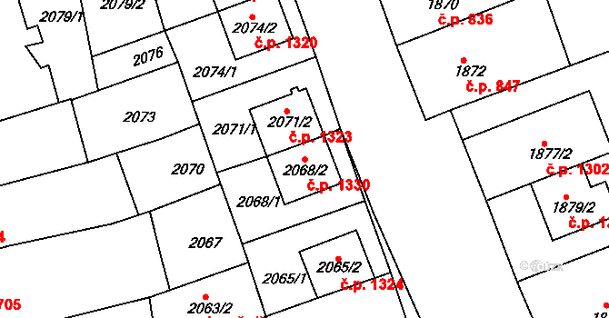 Slavíkovice 1330, Rousínov na parcele st. 2068/2 v KÚ Rousínov u Vyškova, Katastrální mapa