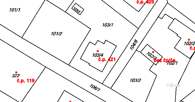 Krmelín 421 na parcele st. 103/4 v KÚ Krmelín, Katastrální mapa