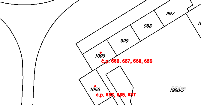 Uničov 657,658,659,660 na parcele st. 1000 v KÚ Uničov, Katastrální mapa