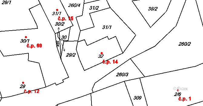 Domoradice 14, Vysoké Mýto na parcele st. 32 v KÚ Domoradice, Katastrální mapa