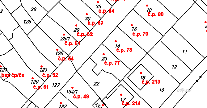 Bystřany 77 na parcele st. 23 v KÚ Bystřany, Katastrální mapa