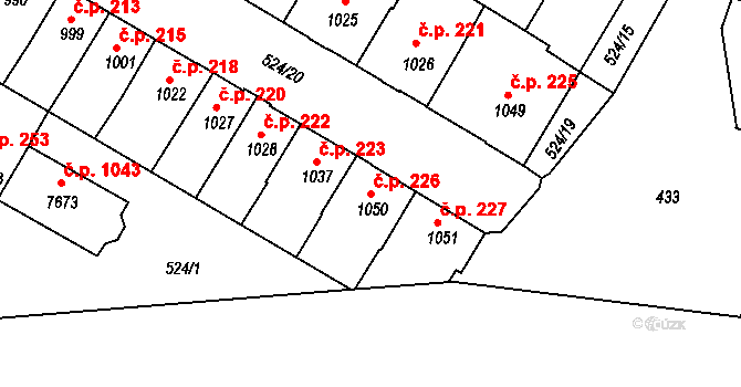 Stařečka 226, Třebíč na parcele st. 1050 v KÚ Třebíč, Katastrální mapa