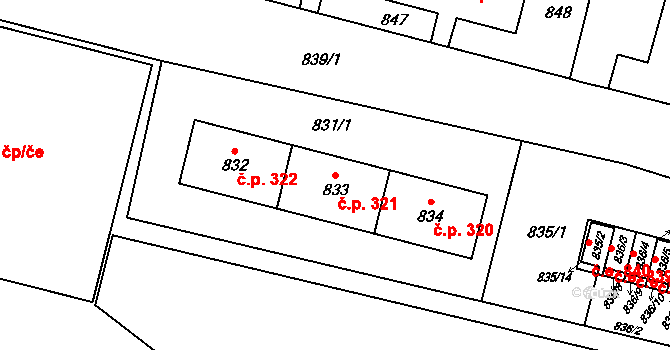 Pudlov 321, Bohumín na parcele st. 833 v KÚ Pudlov, Katastrální mapa