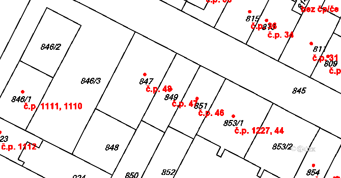 Černá Pole 47, Brno na parcele st. 849 v KÚ Černá Pole, Katastrální mapa