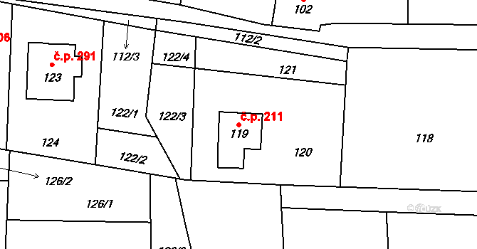Rudice 211 na parcele st. 119 v KÚ Rudice u Blanska, Katastrální mapa