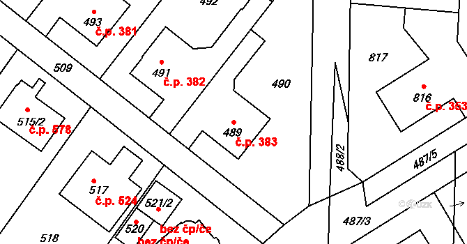 Vinoř 383, Praha na parcele st. 489 v KÚ Vinoř, Katastrální mapa