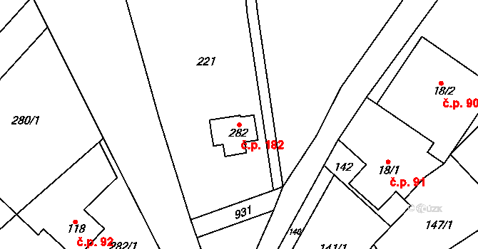 Kocbeře 182 na parcele st. 282 v KÚ Kocbeře, Katastrální mapa