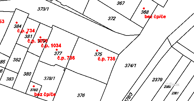 Újezd u Brna 735 na parcele st. 375 v KÚ Újezd u Brna, Katastrální mapa