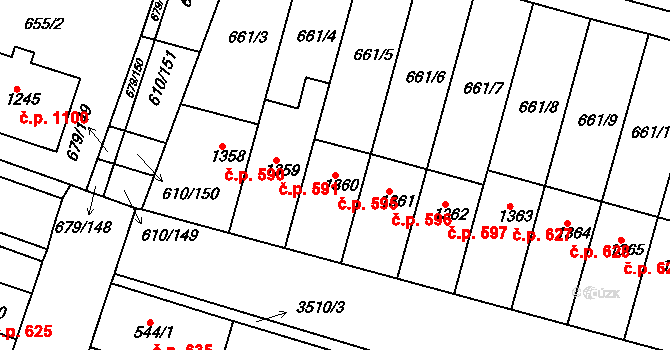 Rosice 595 na parcele st. 1360 v KÚ Rosice u Brna, Katastrální mapa