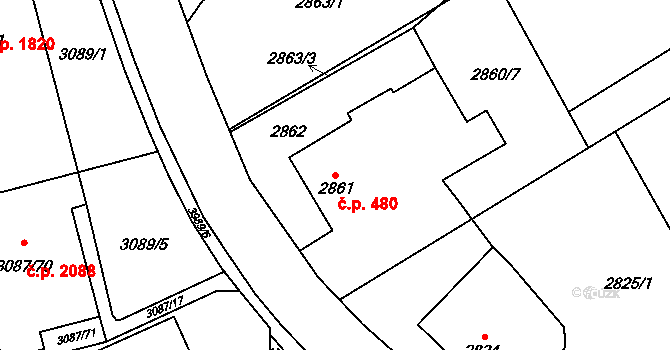 Hranice 480, Karviná na parcele st. 2861 v KÚ Karviná-město, Katastrální mapa