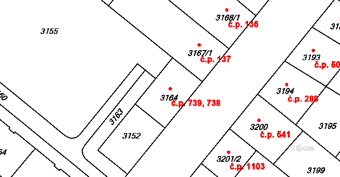 Lobzy 738,739, Plzeň na parcele st. 3164 v KÚ Plzeň, Katastrální mapa