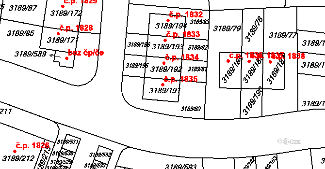 Roztoky 1835 na parcele st. 3189/191 v KÚ Žalov, Katastrální mapa