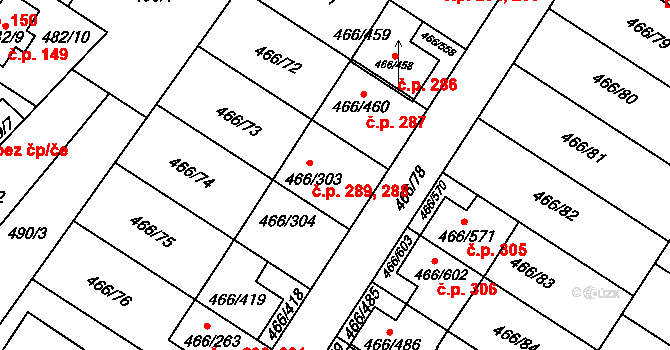 Rebešovice 288,289 na parcele st. 466/303 v KÚ Rebešovice, Katastrální mapa