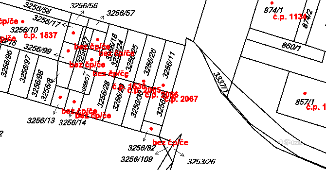 Benešov 2067 na parcele st. 3256/11 v KÚ Benešov u Prahy, Katastrální mapa
