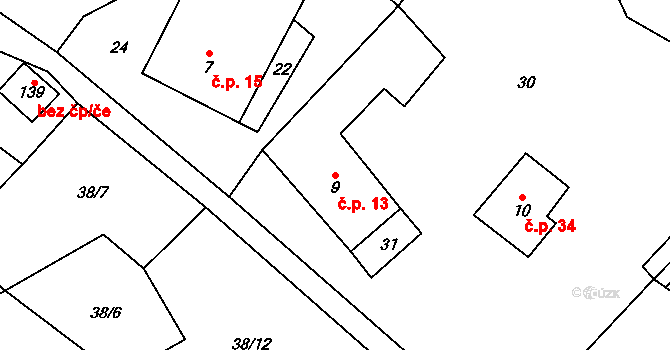 Nový Jimramov 13 na parcele st. 9 v KÚ Nový Jimramov, Katastrální mapa