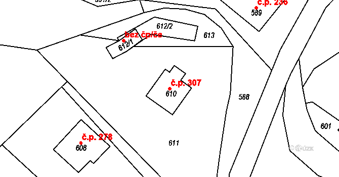Zádveřice 307, Zádveřice-Raková na parcele st. 610 v KÚ Zádveřice, Katastrální mapa