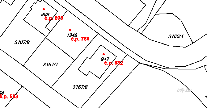 Valašské Klobouky 582 na parcele st. 947 v KÚ Valašské Klobouky, Katastrální mapa