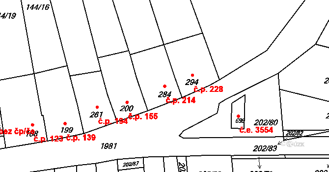 Louky 214, Zlín na parcele st. 284 v KÚ Louky nad Dřevnicí, Katastrální mapa
