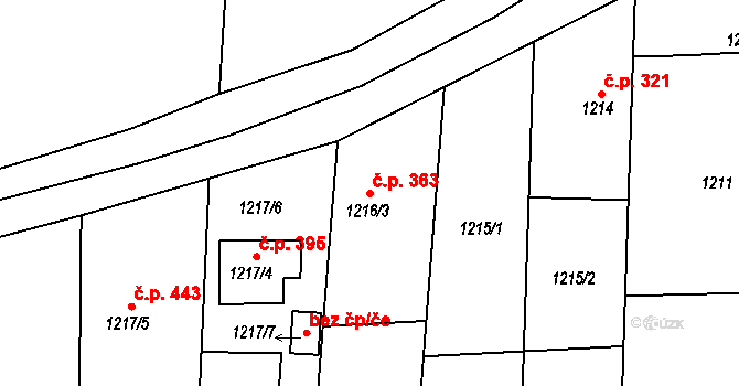 Píšť 363 na parcele st. 1216/3 v KÚ Píšť, Katastrální mapa