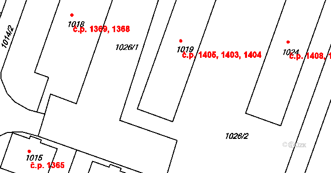 Kunovice 1403,1404,1405 na parcele st. 1019 v KÚ Kunovice u Uherského Hradiště, Katastrální mapa