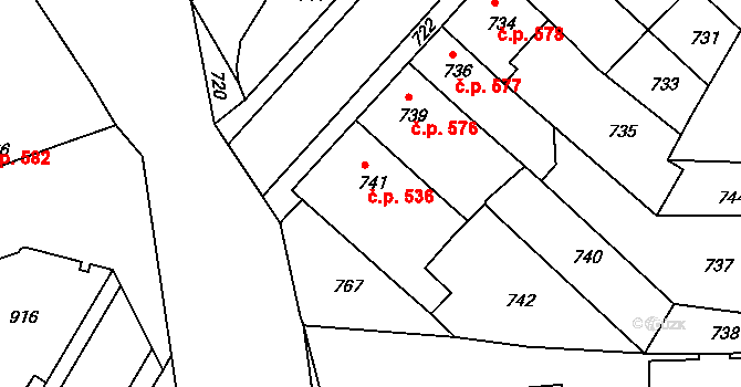 Třešť 536 na parcele st. 741 v KÚ Třešť, Katastrální mapa