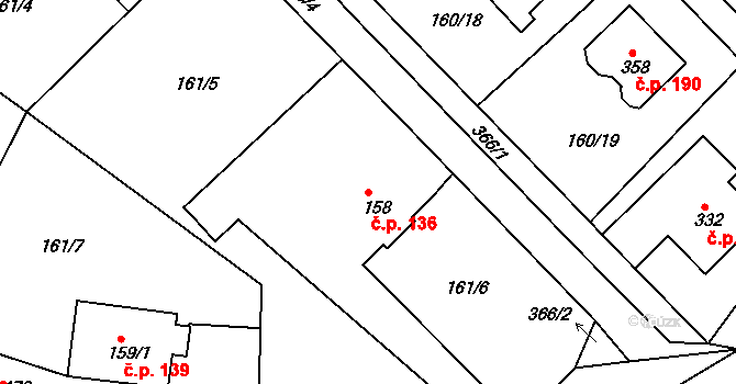 Dolní Bělá 136 na parcele st. 158 v KÚ Dolní Bělá, Katastrální mapa