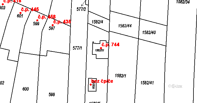 Blučina 744 na parcele st. 1582/31 v KÚ Blučina, Katastrální mapa