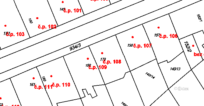 Lužany 108 na parcele st. 173 v KÚ Lužany u Přeštic, Katastrální mapa
