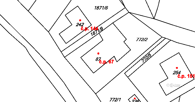 Čeminy 67 na parcele st. 87 v KÚ Čeminy, Katastrální mapa
