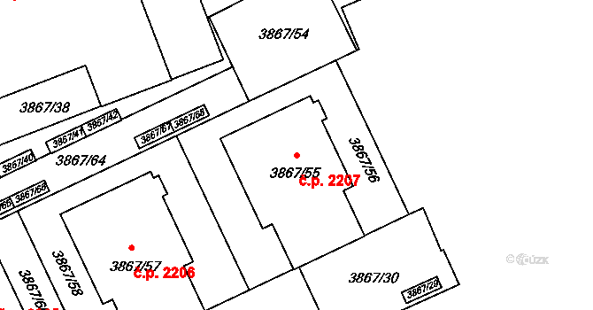 Modřany 2207, Praha na parcele st. 3867/55 v KÚ Modřany, Katastrální mapa