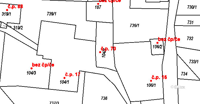 Jednov 70, Suchdol na parcele st. 104/2 v KÚ Suchdol u Konice, Katastrální mapa