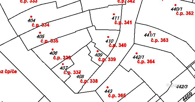 Znojmo 339 na parcele st. 409 v KÚ Znojmo-město, Katastrální mapa