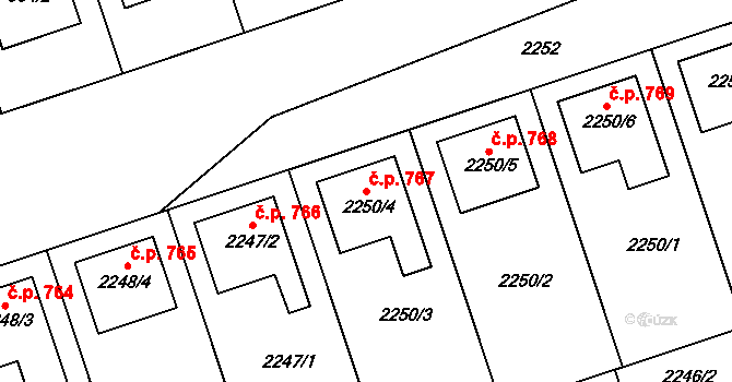 Lužice 767 na parcele st. 2250/4 v KÚ Lužice u Hodonína, Katastrální mapa