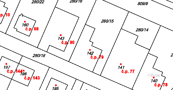 Kozlov 79 na parcele st. 142 v KÚ Kozlov u Jihlavy, Katastrální mapa