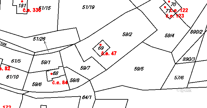 Rounek 47, Vyskytná nad Jihlavou na parcele st. 69 v KÚ Rounek, Katastrální mapa