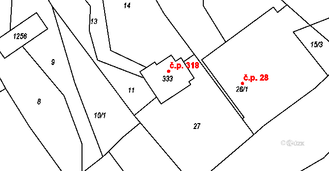 Chvalčov 318 na parcele st. 333 v KÚ Chvalčov, Katastrální mapa