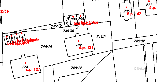Hořovičky 131 na parcele st. 182 v KÚ Hořovičky, Katastrální mapa