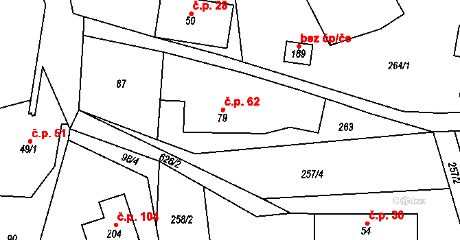 Bradlecká Lhota 62 na parcele st. 79 v KÚ Bradlecká Lhota, Katastrální mapa