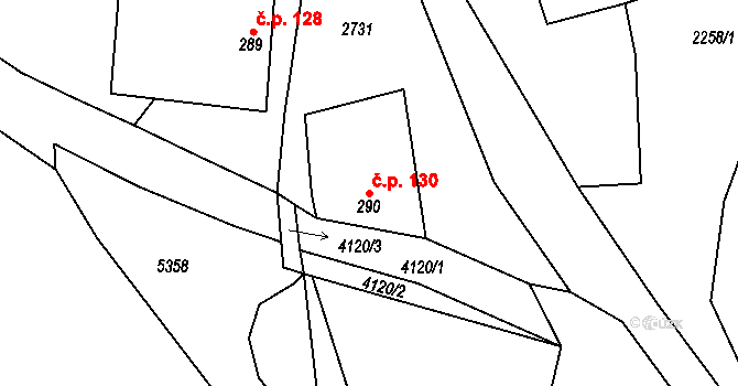 Třebařov 130 na parcele st. 290 v KÚ Třebařov, Katastrální mapa