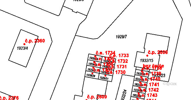 Teplice 1734 na parcele st. 1929/25 v KÚ Teplice, Katastrální mapa
