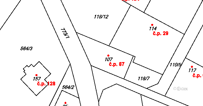 Velký Újezd 87, Chorušice na parcele st. 107 v KÚ Velký Újezd u Chorušic, Katastrální mapa