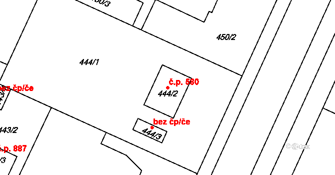 Klánovice 580, Praha na parcele st. 444/2 v KÚ Klánovice, Katastrální mapa