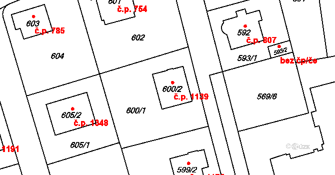 Radotín 1139, Praha na parcele st. 600/2 v KÚ Radotín, Katastrální mapa