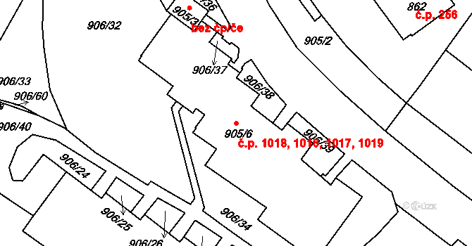 Podolí 1016,1017,1018,1019, Praha na parcele st. 905/6 v KÚ Podolí, Katastrální mapa