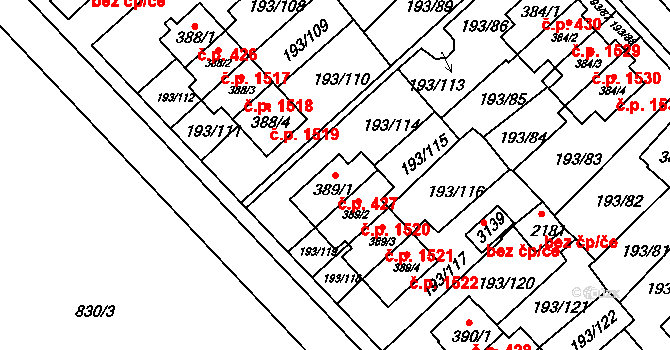Sezimovo Ústí 427 na parcele st. 389/1 v KÚ Sezimovo Ústí, Katastrální mapa